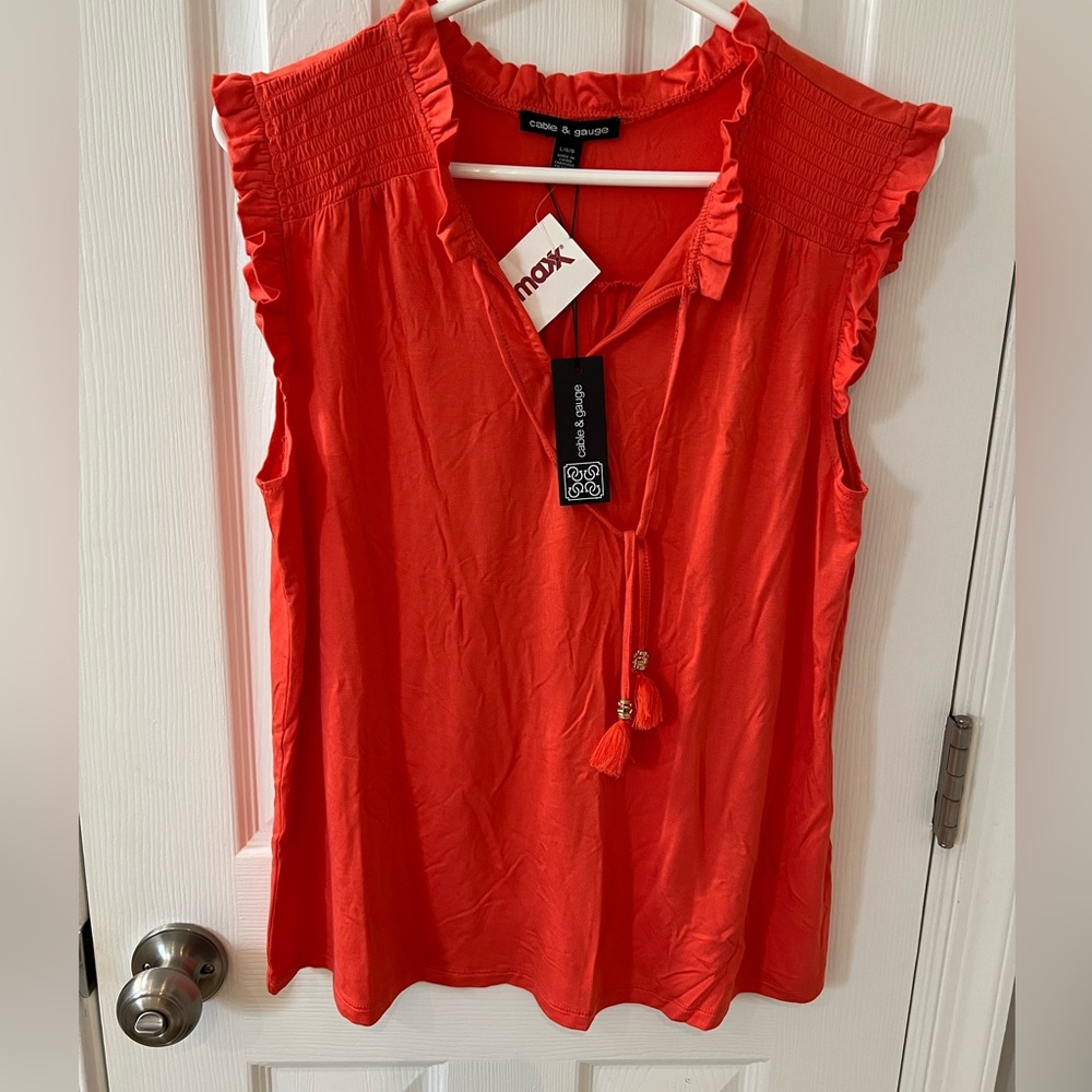 Cable and Gauge size L, bright coral sleeveless top with tassels.  New with tags